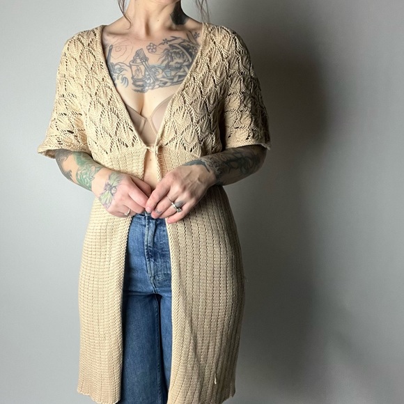 Y2K GAP Cotton Longline Short Sleeve Beige Crochet Cardigan Womens Small - Picture 2 of 8